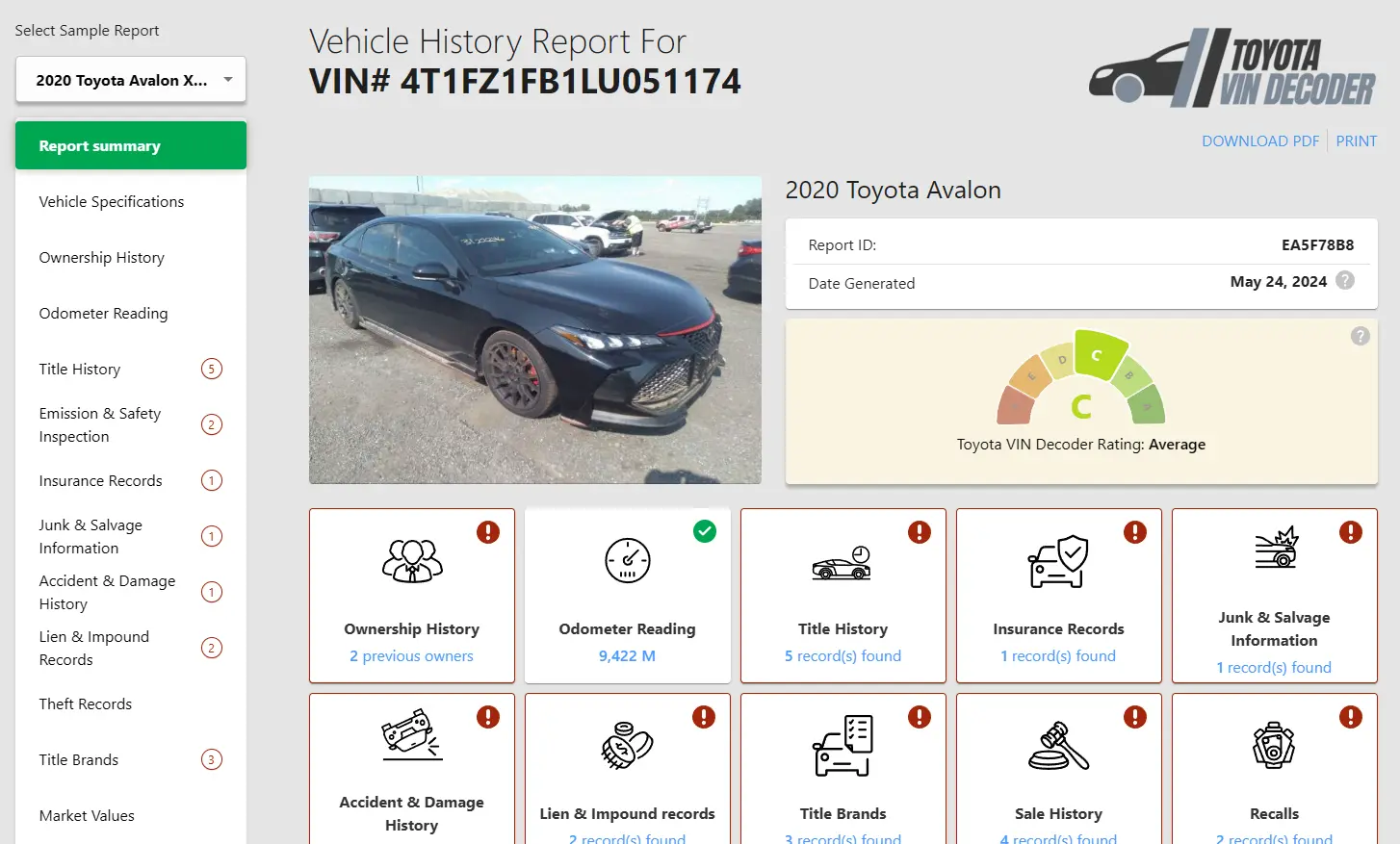Sample of the Toyota VIN Report - Toyota Avalon
