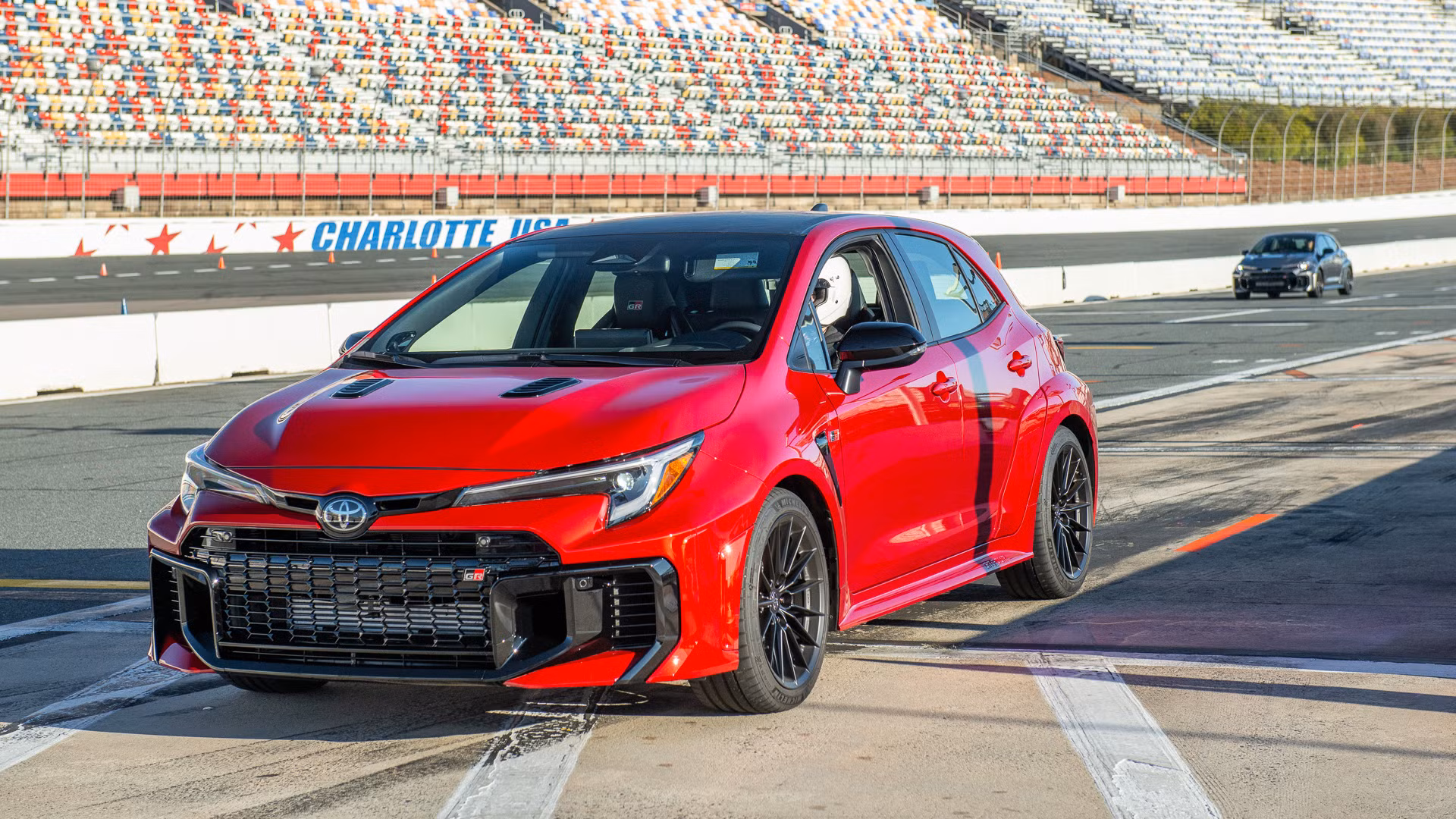 2025 Toyota GR Corolla on a race track at Charlotte Motor Speedway